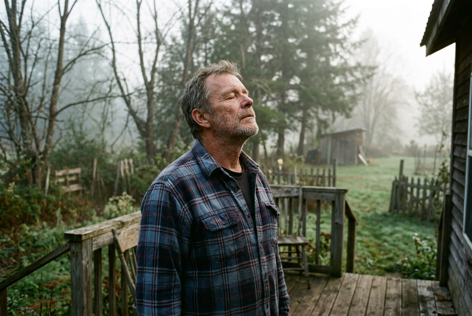 A man breathing deeply at a forest overlook at dawn