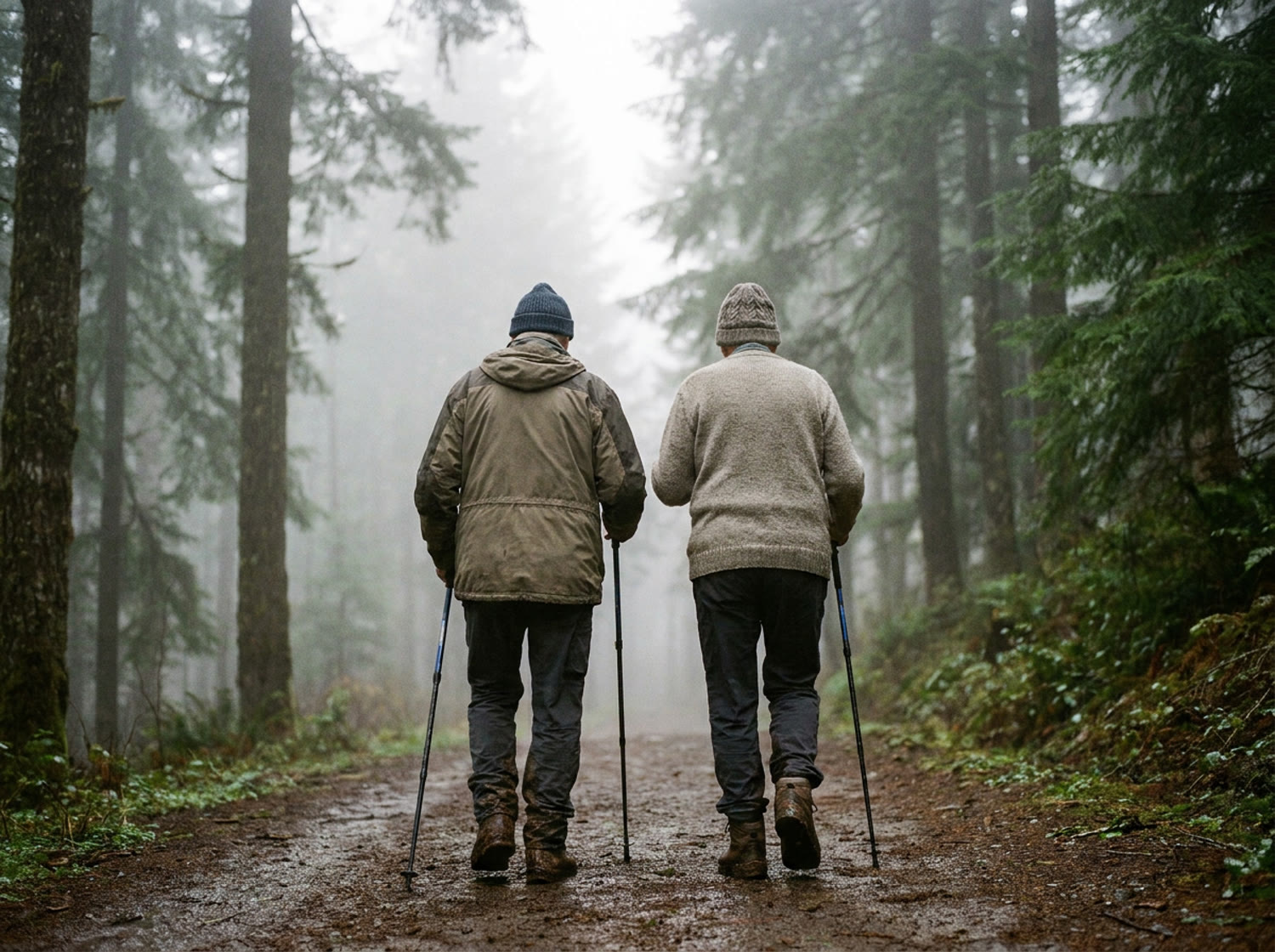 An older couple walking a misty forest trail